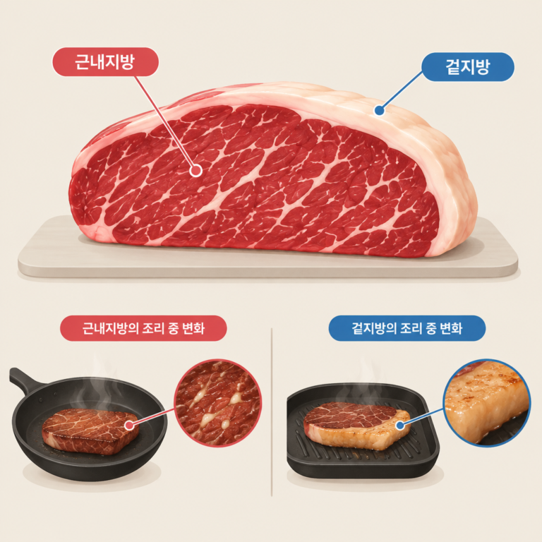 AI 생성 설명 이미지: 안산일동한우 유니드정육식당 | 근내지방과 겉지방, 위치와 조리 중 차이